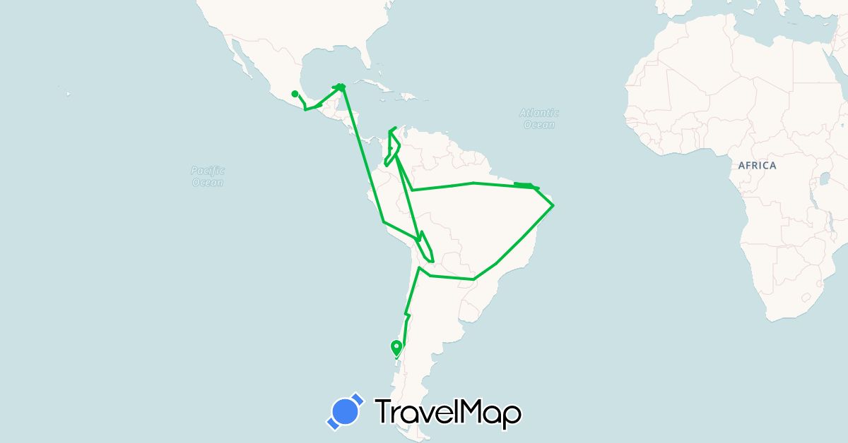 TravelMap itinerary: driving, bus in Argentina, Bolivia, Brazil, Chile, Colombia, Mexico, Peru (North America, South America)